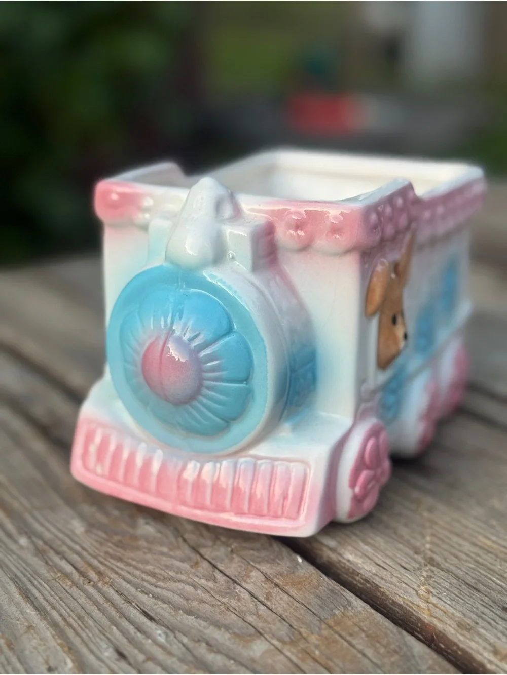 Vintage Ceramic Bunny Train Planter - Pastel Pink & Blue - Picture 2 of 5